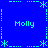 Blue background with cyan pixelated text 'Molly' in four corners and a central cross of asterisks, dots, and lines.