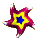 Six star-shaped icons arranged in two of three, each with a blue center and yellow ring on a gray background