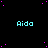 A black background with cyan text reading "Aida" repeated across multiple , scattered pink dots, and a gray rectangle in the bottom-right corner