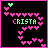 Animated pixel art featuring the name 'CRISTA' in green text surrounded by pink hearts on a black background, with one heart changing color from pink to green across frames.