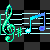 Animated sheet music with blue and purple notes on black-and-white checkered background, featuring green treble clefs and yellow sparkles.