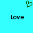 Green pixelated heart symbol above two instances of the word 'Love' on a cyan background.
