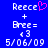 Blue background with white pixelated text 'Reece', 'Bree', '5/06/09', and a pink heart symbol next to 'Reece' on the left side.
