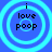 Four identical circular icons with blue backgrounds and cyan concentric rings, each displaying black text "i love poop" in a pixelated font.
