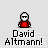 Pixel art character in red shirt and white helmet with multiple poses and one explosion effect, text 'David Altmann!' below.