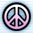 Static pixel art icon of a peace symbol with pink and blue gradient fill inside black outline, set against light blue striped background.