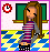 Pixel art contact sheet showing three frames of an animated school-themed buddy icon with a female character and text about quitting school.