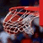 Pixelated basketball hoop net with red rim and blurred background, green text overlay reading "St Joes JV" above "Basketball Rocks!!! Goin all the way!!!" and score "0-0".