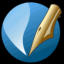 Animated sequence of a golden fountain pen nib rotating against a blue circular background with white highlights.