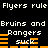 Pixelated text repeats 'Flyers rule' and 'Bruins and Rangers' with orange bars and 'suck' text on black background.