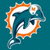 Pixelated dolphin logo with orange and white accents on a teal background, featuring stylized curves and a small circular detail near the top right.