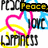 Animated icon with colorful heart outlines and text overlays cycling through 'Peace', 'Love', 'and...', 'Happiness' on a white background.