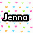 Pixelated text names 'Jenna', 'Sage', and 'Vacco' on a white background with repeating colorful heart shapes.