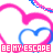 Animated contact sheet showing two frames of a buddy icon with pink and blue heart outlines forming the shape of Mickey Mouse ears, each containing a smaller heart inside, with text "BE MY ESCAPE" in block letters below.