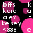 Pixelated text and pink circles on black background, repeating 'bfs kara alex kelsey <333' with 'k a t i e' vertically aligned on right side.