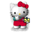 Hello Kitty avatar in red overalls and a red bow holds a yellow card with black lines, then displays the card's details as it zooms in.