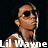 Pixelated image of a person wearing sunglasses and earphones with 'Lil Wayne' text overlaid on black background.