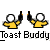 Animated contact sheet showing two variations of a yellow stick figure buddy icon with toast-shaped arms, alongside promotional text for badassbuddy.com.