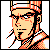 Pixelated 8-bit style character portrait with orange and black color scheme on gray background, featuring a stern expression and traditional East Asian attire elements.