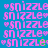 Pixelated pink text 'snizzle' repeated with small pink hearts on blue, green, and cyan backgrounds in a
