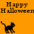 Pixelated orange background with black text and cat silhouettes, displaying "Happy Halloween" in two