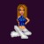 A 4x3 contact sheet of a pixel art animated icon showing a female character with long brown hair in various colored backgrounds, wearing a blue polka-dot crop top and white boots, with one hand on her hip across all frames except the last frame which contains red text.