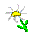 A pixelated flower icon transitions from full bloom to a single petal, then shifts into red heart shapes with green stems on gray background.