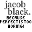 A 5x5 contact sheet of animated frames showing a text-based buddy icon with changing punctuation and symbols beneath 'jacob black.'