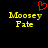 Pixelated yellow text 'Moossey Fate' on black background with red heart symbol above left text block.