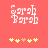 Pixelated white text 'sarah' and a stick figure on coral background with yellow and orange star-like shapes below.