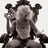 Pixelated grayscale image of a person with raised arms and head tilted back, set against blue background sections containing red text.