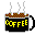 Pixel art coffee cup icon with animated steam, displayed in a 2x2 contact sheet of three frames showing sequential animation changes.