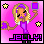 Pixel art of a blonde woman with purple accents holding two objects against a pink background, with 'JELLY!' text below.