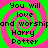 Four identical display a green and pink spiral background with black text reading "You will love and worshipand Harry Potter" in a pixelated font