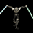 Animated sequence of a mechanical figure with glowing lightsabers transitioning to close-up facial features against black background.