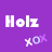 A 4-frame animated contact sheet showing a purple background with white text 'Holz' and floating 'xox' symbols in varying pixelated colors across frames.