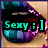 Pixelated close-up of lips with glossy teal and purple tones, displaying 'Sexy :]'; text color changes across frames.