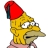 Pixelated yellow cartoon character with red hat, white eyes, and open mouth, holding a pink object against white background