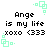 Pixelated text reads "Ange is my life xoxo <333" with light green square corner decorations on a white background.