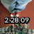 A pixelated image shows a person in blue jeans and red shoes standing on grass with the date 2.28.09 overlaid, next to an anime-style couple embracing under "I love you" text.