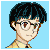 Pixel art contact sheet showing two frames of an animated character with dark hair, glasses, and a yellow shirt against light blue background.