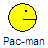 Four yellow Pac-Man icons arranged in a , each with distinct mouth shapes and pixelated text below