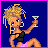 Pixelated character with blonde hair holding a martini glass, transitioning through star-shaped overlays and text variations on a blue background.