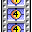 Pixelated circular icon with yellow center, black crosshair-like symbol, and orange-brown ring on blue background; appears in film strip frame layout.