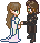 Pixel art animation of two figures in formal attire dancing, transitioning from holding hands to embracing against a gray background.