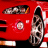Red vehicle with visible headlight, side mirror, and partial wheel on a red background.