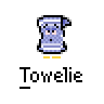 A 4x3 contact sheet of a pixel art animated icon featuring a blue and white striped towel character with yellow feet, displaying various speech bubbles across sampled frames.