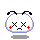 Pixelated cartoon head with X eyes, red cheek marks, and black antennae; four variations show subtle changes in mouth shape and blue outline thickness.