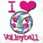 Pixelated graphic split into two sections: left shows 'I' and heart over a colorful globe with 'volleyball' text; right displays 'WHO DOESN'T' and multiple question marks on pink background.
