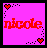 Pixelated icon with bright pink background, red text 'nicole', two pixel hearts connected by dotted lines.